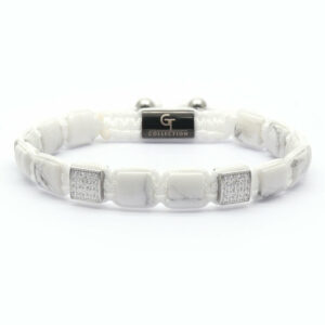 HOWLITE Flatbead Bracelet For Men - White Stones & White Gold CZ Bead