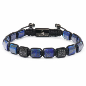 LAPIS LAZULI Flatbead Bracelet For Men - Blue Stones & Black CZ Bead